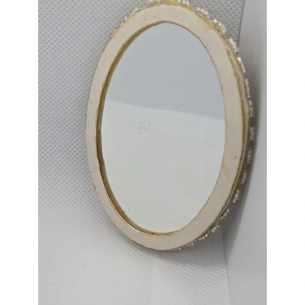 Antique Pink White Pearl Beaded Hand Purse Mirror 3.5